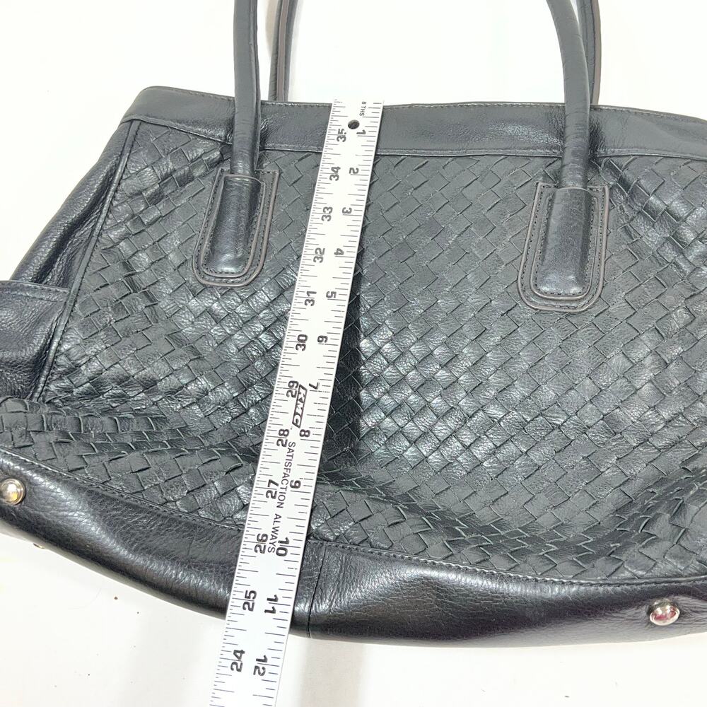 B. Makowsky Shoulder Tote Bag Purse Black Woven Braided Leather Leopard Lining - Picture 11 of 12
